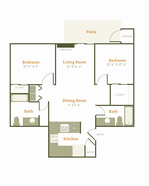 Floor plan for 2 beds, 2 baths, 989 sqft